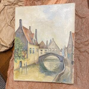 Original Oil Village Waterway Painting 1996